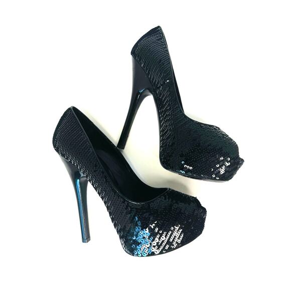 Louis Vuitton Black leather Sequin Peep Toe Platform Pumps Heels Size 35.5 - Picture 3 of 13